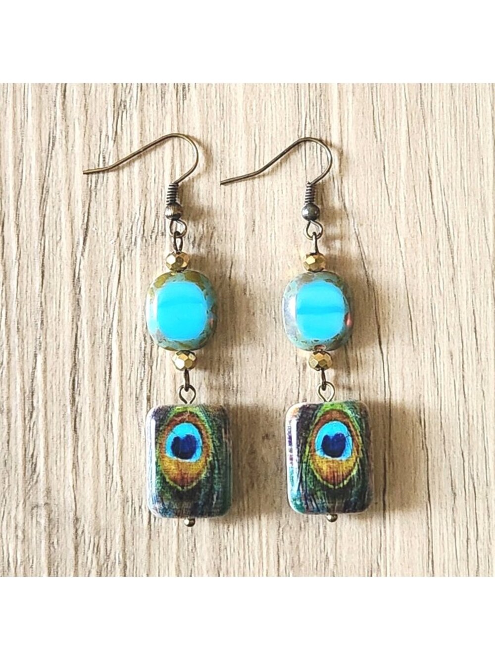 Handmade Boho Dangle Earrings with Rectangle Dyed Stone and Aqua Glass Beads